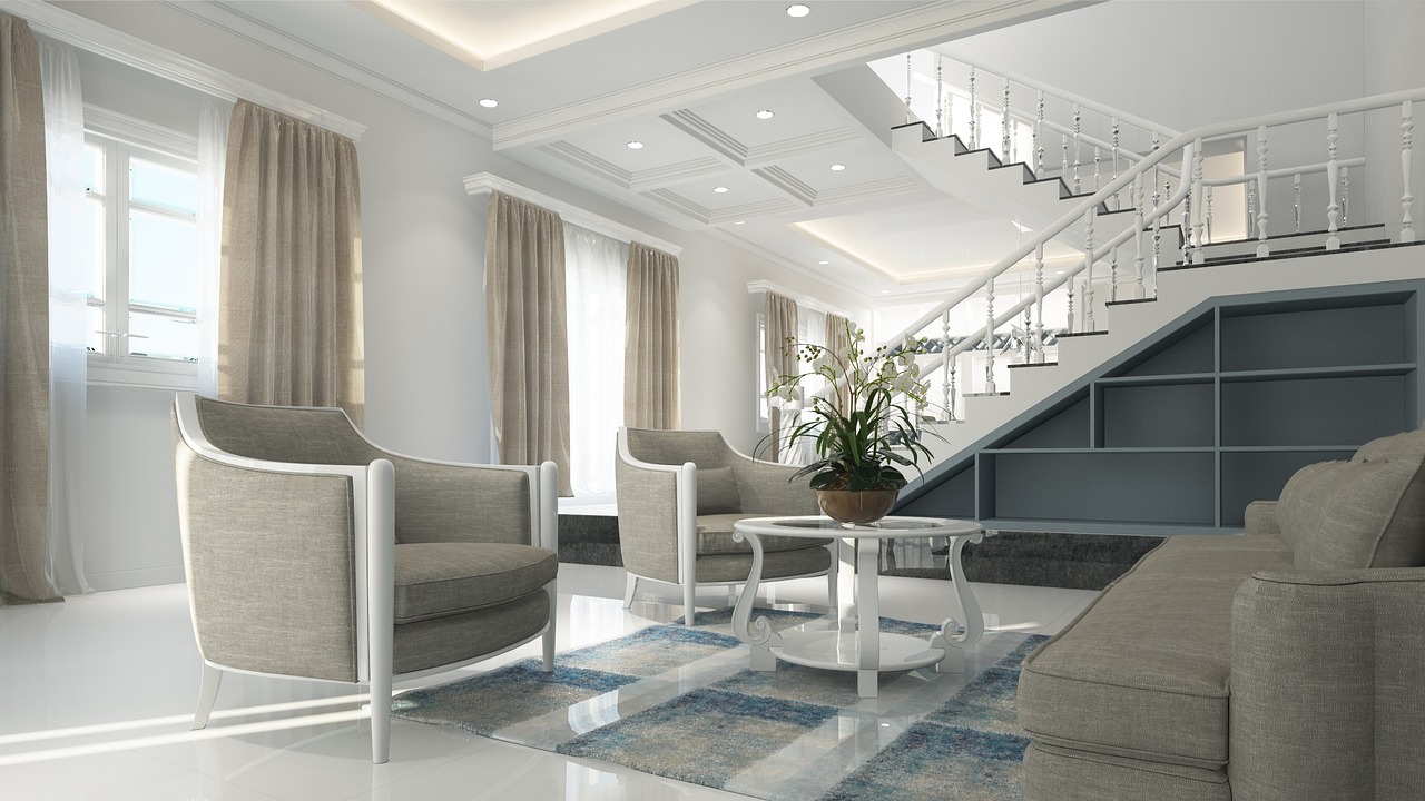 Moderne 3D-geprinte gordijnen in woonkamer.